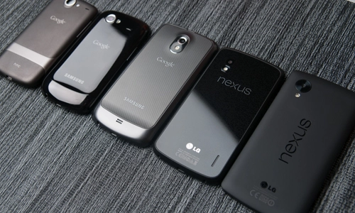 Google Nexus phones— HTC-made G1, Samsung Nexus S, Samsung Galaxy Nexus, LG-made Nexus 4, and LG-made Nexus 5.