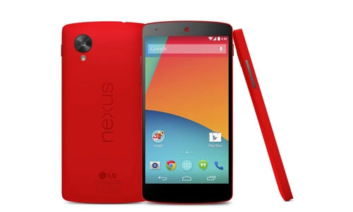 LG Nexus 5 red edition showing front display with Android apps and rear camera design.
