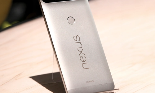 Huawei Nexus 6P silver model showcasing rear design with fingerprint sensor and Nexus branding.