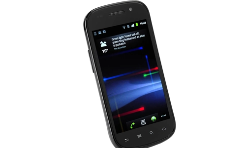 Google Nexus S smartphone showing front display with touchscreen and Android interface. 