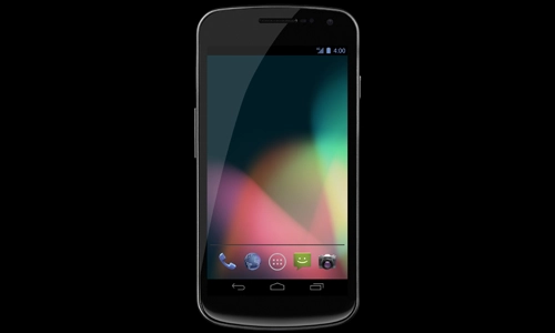 Google Nexus 4 smartphone front view showing touchscreen with Android interface and app icons.