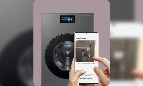 A person using a smartphone to scan a QR code for SmartThings app connectivity.