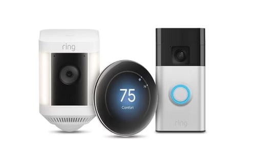 A smart home security bundle with two Ring cameras and a Nest thermostat.