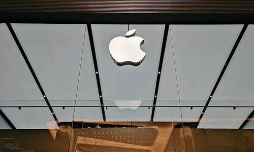 Apple logo in glass building