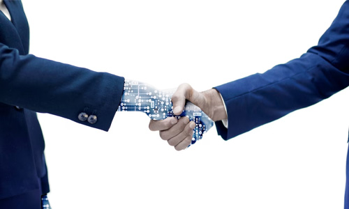 man and machine shaking hands