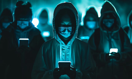 People wearing masks using phones