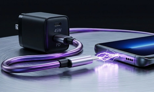 45W USB-C fast charger and smartphone demonstrating power delivery fast charging technology