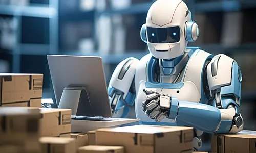 Close up on anthropomorphic robot working as delivery man