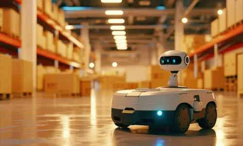 Autonomous robot moving through a modern automated warehouse