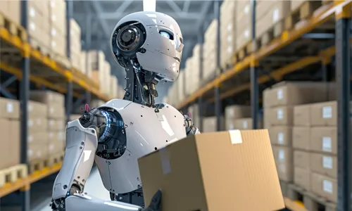 Autonomous delivery robot operating in a futuristic logistics environment