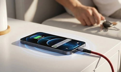 Smartphone connected to a fast charging cable on a bedside table with battery charging