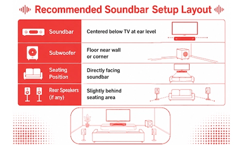 Infographic showing the recommended soundbar setup layout with soundbar.