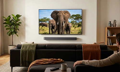 Soundbar mounted below a wall-mounted TV in a modern living room for optimal audio performance