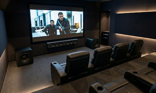 Soundbar mounted below a television at ear level for clear dialogue and balanced sound
