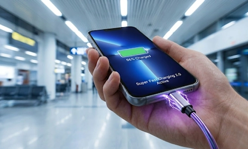 Smartphone showing 96% battery while super fast charging is active through a high-speed charging cable