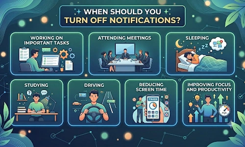 Infographic showing when to turn off notifications during work, meetings, sleep, studying, driving, and focus time