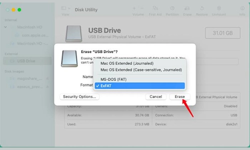 Choose format (exFAT recommended) on disk utlity