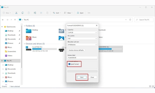 Select Quick format and click start