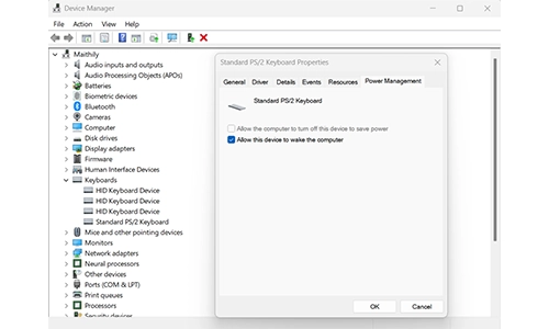 Keyboard settings in Device Manager to allow the computer to wake from sleep.