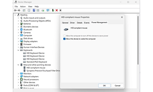 Mouse settings in Device Manager to allow the computer to wake from sleep.
