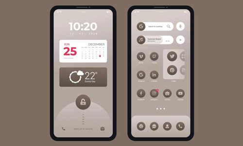 An elegant vector illustration of a smartphone home screen user interface with organized apps, representing digital wellbeing and phone customization.